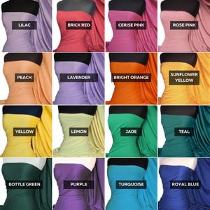 Puede incluir: Una colección de muestras de tela en varios colores, incluyendo lila, rojo ladrillo, rosa cereza, rosa, melocotón, lavanda, naranja brillante, amarillo girasol, amarillo, limón, jade, verde azulado, verde botella, morado, turquesa y azul real. Cada muestra está etiquetada con su nombre de color.