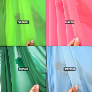 May include: A four-panel grid showing sheer fabric in four colors. Top left is labeled FLO GREEN, top right is labeled FLO PINK, bottom left is labeled EMERALD, and bottom right is labeled BABY BLUE. Each panel displays the translucent material.