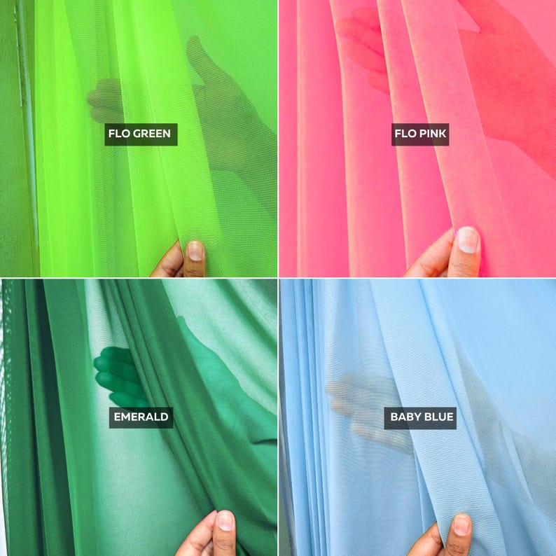 May include: A four-panel grid showing sheer fabric in four colors. Top left is labeled FLO GREEN, top right is labeled FLO PINK, bottom left is labeled EMERALD, and bottom right is labeled BABY BLUE. Each panel displays the translucent material.