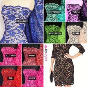 May include: A collage of lace fabric swatches in various colours, including royal blue, peppermint, purple, kelly green, pearl, flo cerise, coral, red, and cerise. The swatches are arranged in a grid pattern. The word "tiaknight" is visible in the centre of the image.