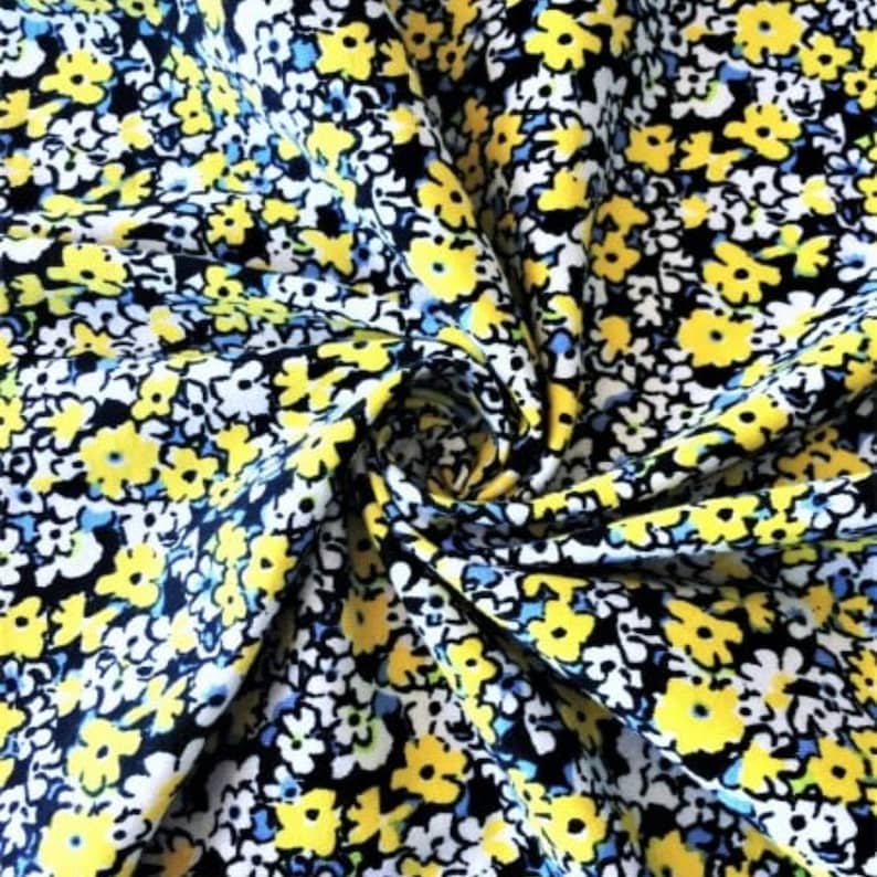 Cotton Lycra Jersey 4 Way Stretch Fabric Yellow Florals SQ258 YLWH By Tia Knight