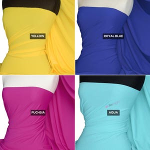 May include: A four-panel grid showing fabric draped on a mannequin form in four distinct solid colors. The top left is labeled YELLOW, top right is ROYAL BLUE, bottom left is FUCHSIA, and bottom right is labeled AQUA with a small tia knight logo.