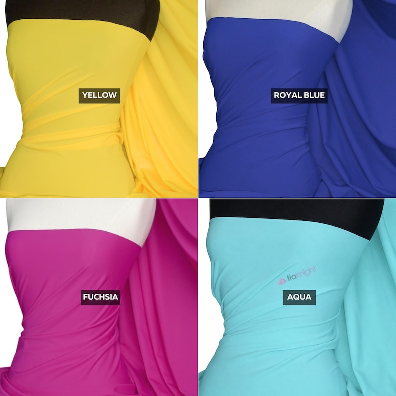 May include: A four-panel grid showing fabric draped on a mannequin form in four distinct solid colors. The top left is labeled YELLOW, top right is ROYAL BLUE, bottom left is FUCHSIA, and bottom right is labeled AQUA with a small tia knight logo.