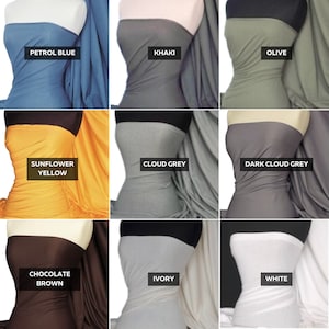 Puede incluir: Nueve muestras de tela mostradas en un torso de maniqu&iacute;. Las muestras son de los siguientes colores: azul petr&oacute;leo, caqui, oliva, amarillo girasol, gris nube, gris nube oscuro, marr&oacute;n chocolate, marfil y blanco.