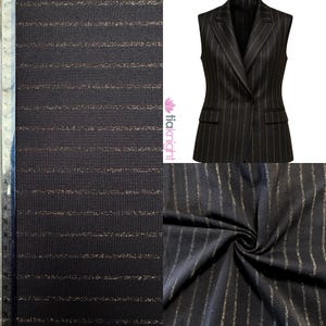 May include: Black and white striped fabric with a subtle shimmer. The fabric is shown draped and also as a vest.