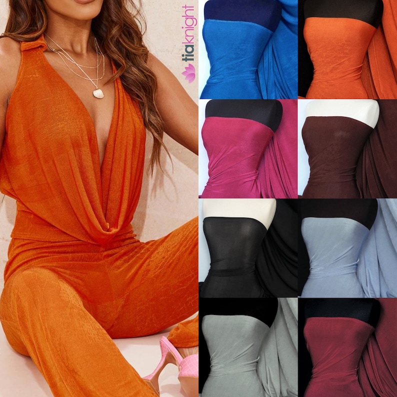 May include: A collage of ten fabric swatches in various colors, including orange, blue, burgundy, black, gray, and brown. The fabric is a soft, stretchy knit material.