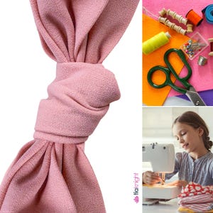 May include: A close-up of a dusty rose fabric headband tied in a knot. The image also shows sewing supplies like scissors, thread, and felt, and a girl using a sewing machine. The image is a promotional shot for a sewing or craft project.