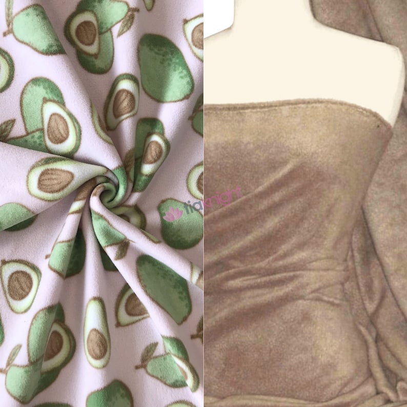 May include: Two fabric swatches, one with a pink background and a repeating pattern of green avocados, the other a solid brown fabric.
