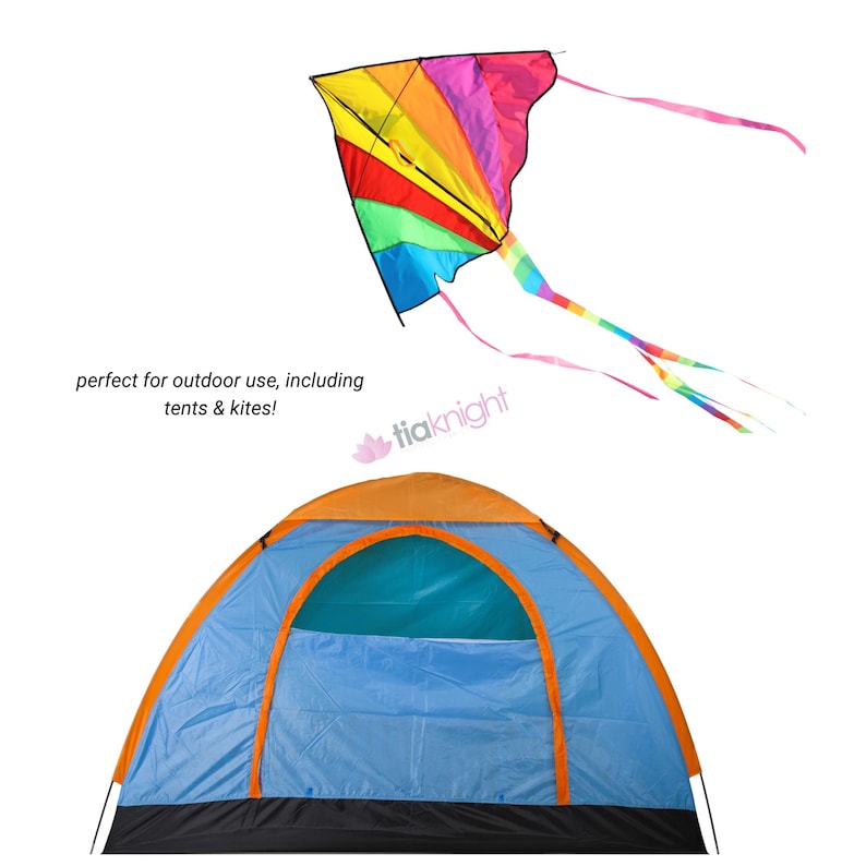 May include: A colorful kite with rainbow hues and long, flowing tails is shown above a blue and orange tent. The kite has a diamond shape. The tent has a dome shape with an orange frame.