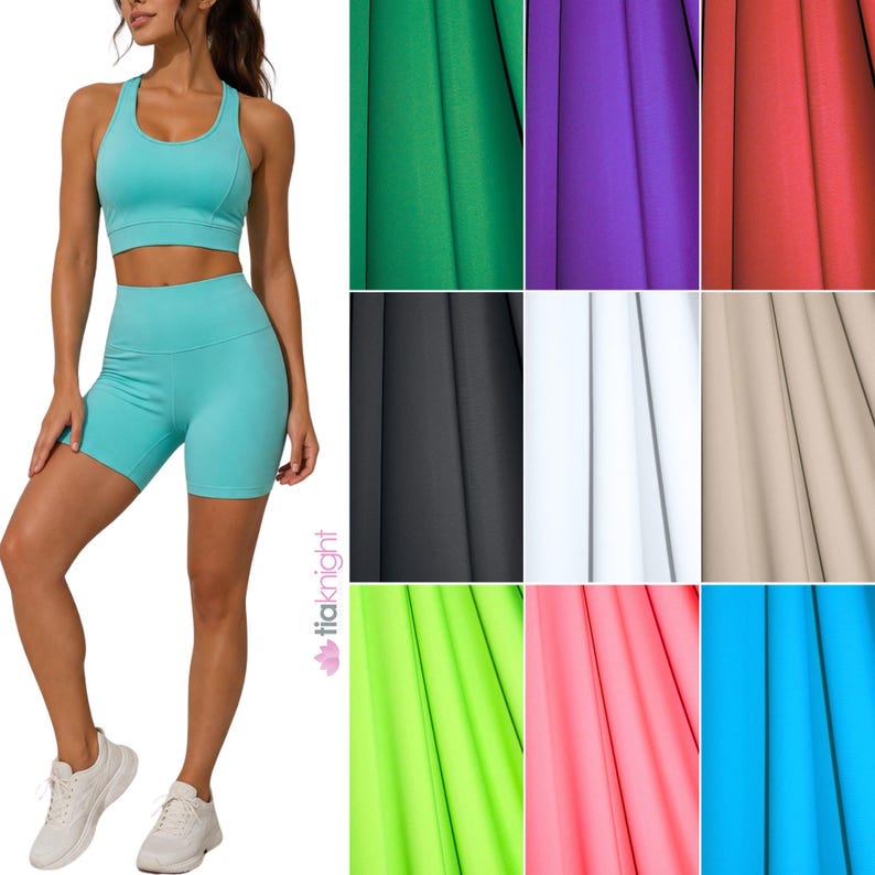 May include: A turquoise athletic set consisting of a racerback sports bra and high-waisted shorts. The image includes a color palette grid showing fabric swatches in green, purple, red, black, white, beige, lime, pink, and bright blue.