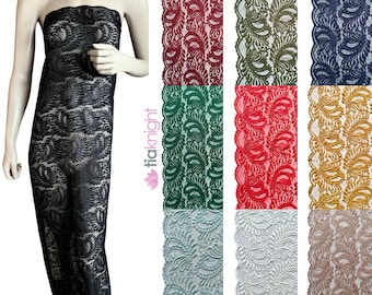 May include: A variety of lace trims in different colors, including black, burgundy, green, red, gold, teal, white, and brown. The lace has a scalloped edge and a floral pattern.