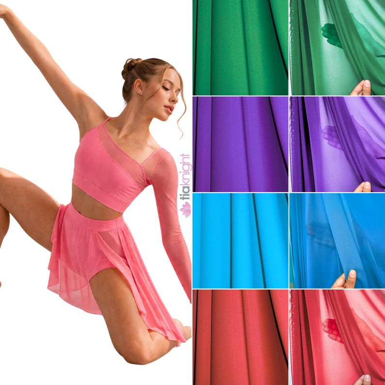May include: A pink two-piece dance outfit consisting of a long-sleeved crop top with mesh detailing and a matching skirt. The image also displays fabric swatches in green, purple, blue, and red, showing the texture and opacity of the material.