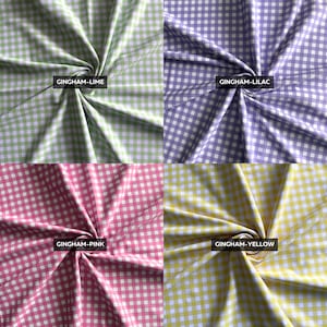 K&ouml;nnte beinhalten: Vier Stoffmuster mit einem Vichy-Karo-Muster in Limettengr&uuml;n, Flieder, Pink und Gelb. Jedes Muster ist in der Mitte gerafft und zeigt das wei&szlig;-farbige Karodesign mit den Beschriftungen GINGHAM-LIME, GINGHAM-LILAC, GINGHAM-PINK und GINGHAM-YELLOW.