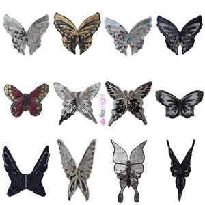 May include: A collection of twelve butterfly-shaped embellishments. Each butterfly features intricate designs with sequins, beads, and lace in various colors, including silver, gold, black, and red. The embellishments are likely for crafts or fashion.