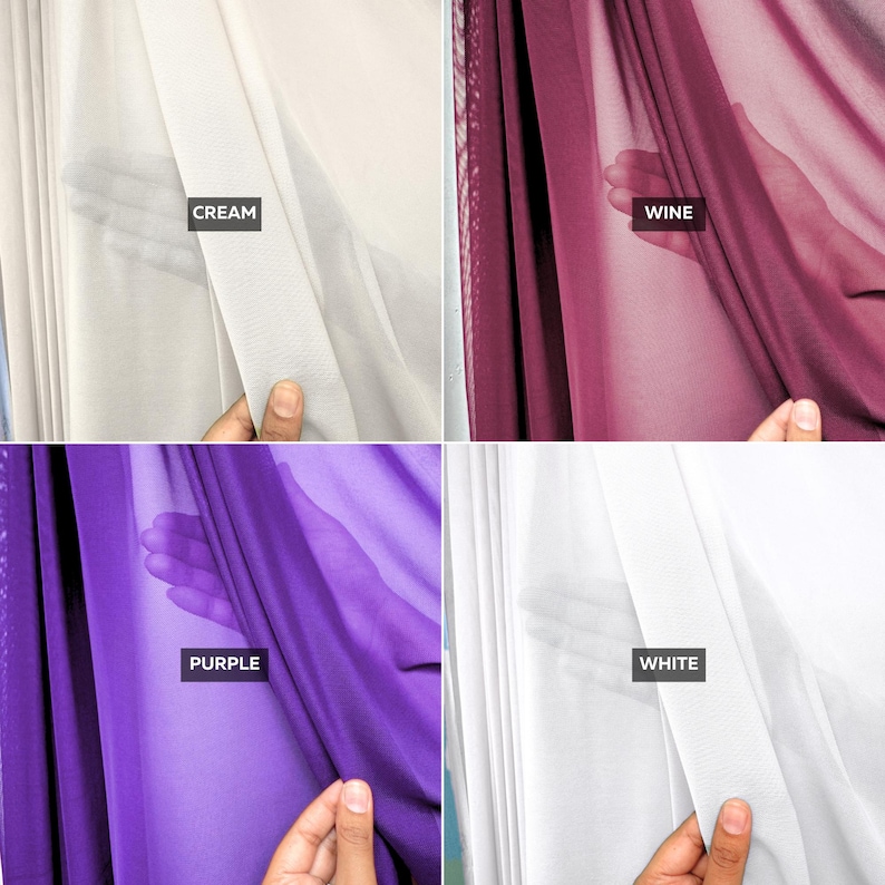 May include: A four-panel grid showing sheer fabric in cream, wine, purple, and white. Each panel features a label with the corresponding color name. The lightweight, semi-transparent material is gathered, revealing the texture and color depth.