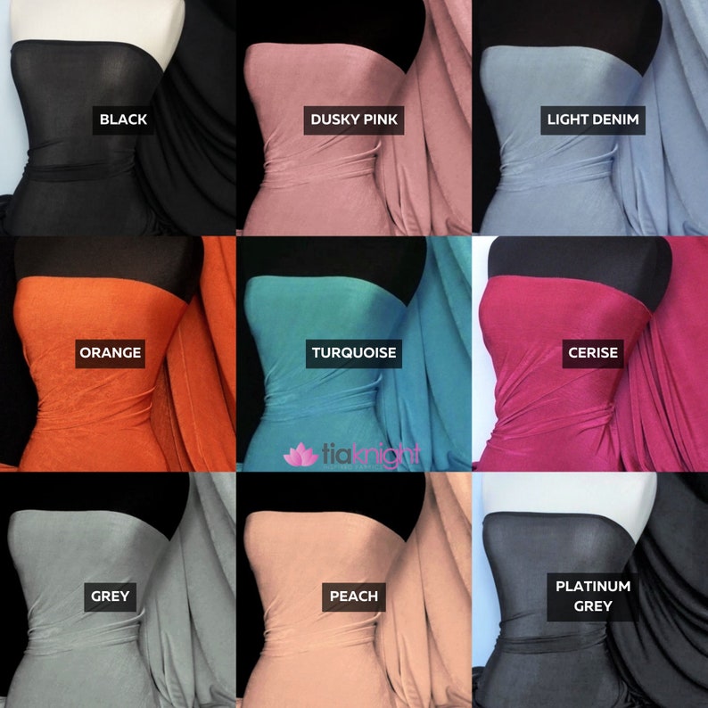 May include: Nine fabric swatches displayed on mannequins. The swatches are in the following colors: black, dusky pink, light denim, orange, turquoise, cerise, grey, peach, and platinum grey.