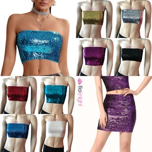 May include: A set of ten sequined tube tops in various colors, including gold, silver, black, red, purple, teal, blue, and white. The tops are all strapless and have a stretchy fit. The image also shows a matching sequined skirt in purple.