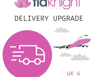 May include: A pink circle with a white delivery truck icon and a pink airplane flying over clouds. The text "DELIVERY UPGRADE" is above the circle and the text "UK & INTERNATIONAL" is below the circle.