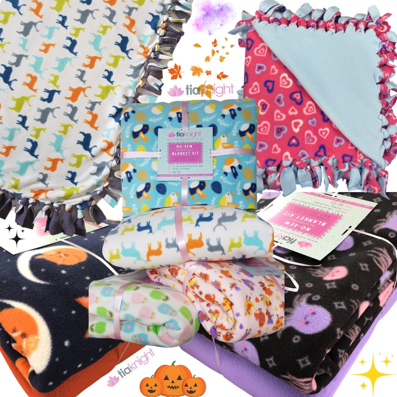 May include: A collection of no-sew fleece blanket kits in various colors and patterns, including a unicorn, owl, hearts, and pumpkins. The kits are packaged with instructions and all the materials needed to create a soft and cozy blanket.