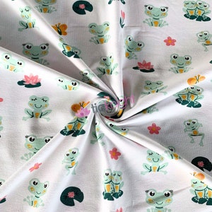 Organic Cotton Elastane Jersey 4 Way Stretch Oeko-Tex 100 Fabric- Froggies White/Multi SQ774 WHTMLT By Tia Knight