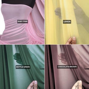 May include: A four-panel grid showing sheer fabric in four colors. Top left is baby pink, top right is lemon yellow, bottom left is bottle green, and bottom right is chocolate brown. Each panel features text labels identifying the specific color.