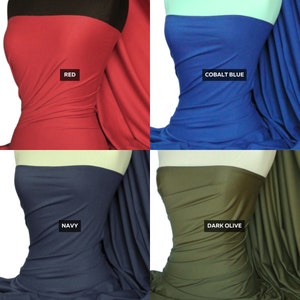 Puede incluir: Cuatro muestras de tela en rojo, azul cobalto, marino y oliva oscuro. Cada muestra est&aacute; drapeada sobre un torso de maniqu&iacute;. Los colores est&aacute;n etiquetados con texto blanco: "RED", "COBALT BLUE", "NAVY" y "DARK OLIVE". La tela parece ser un material liso y el&aacute;stico.