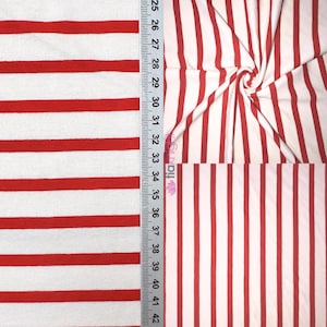 Viscose Cotton 4 Way Stretch Dressmaking Fabric- Ivory/Red Stripe SQ422 IVRD By Tia Knight