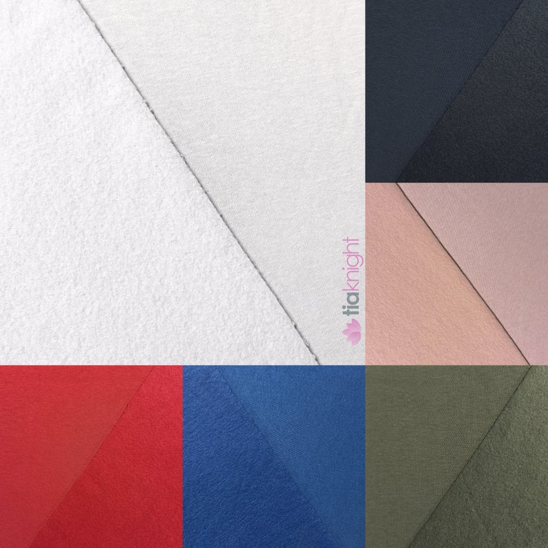 May include: A color palette featuring fabric swatches in white, navy, blush pink, red, blue, and olive green. The swatches are arranged in a geometric pattern, with a diagonal seam dividing each color.