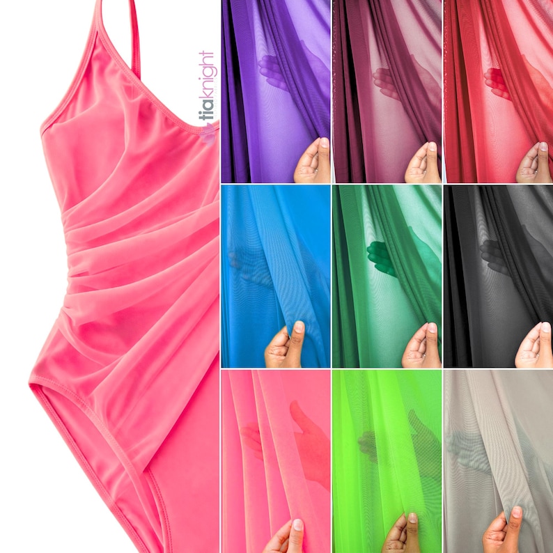 May include: A bright pink one-piece swimsuit with a ruched side design and thin straps, accompanied by a grid of nine semi-transparent fabric swatches in purple, burgundy, red, blue, green, black, coral, lime green, and gray with the text tiaknight.