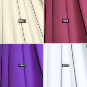 May include: A four-panel grid showing fabric swatches in cream, wine, purple, and white. Each section features vertical folds and a black rectangular label with white text identifying the color as CREAM, WINE, PURPLE, or WHITE respectively.