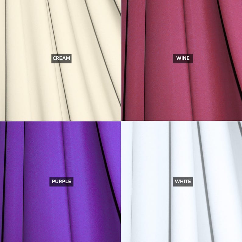 May include: A four-panel grid showing fabric swatches in cream, wine, purple, and white. Each section features vertical folds and a black rectangular label with white text identifying the color as CREAM, WINE, PURPLE, or WHITE respectively.