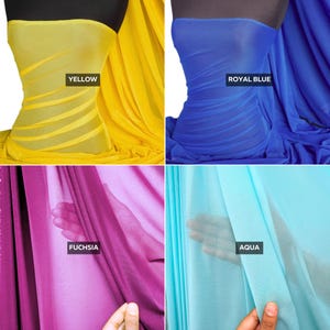May include: A four-panel grid showing sheer fabric in yellow, royal blue, fuchsia, and aqua. The yellow and royal blue panels are draped over forms, while the fuchsia and aqua panels are held, displaying the translucent texture of the material.