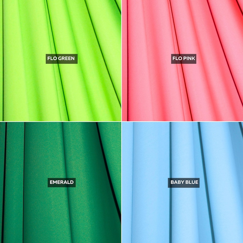 May include: A four-quadrant grid displaying fabric swatches in four distinct colors. Each section features vertical folds and a black label with white text: FLO GREEN, FLO PINK, EMERALD, and BABY BLUE. The fabric has a smooth, matte texture.