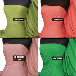 Puede incluir: Cuatro muestras de tela en diferentes colores: verde kiwi, arrecife de coral, rosa claro y verde hoja. La tela es lisa y tiene un ligero brillo.