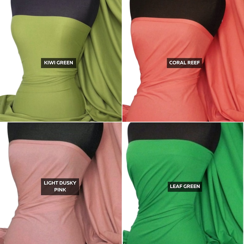 Puede incluir: Cuatro muestras de tela en diferentes colores: verde kiwi, arrecife de coral, rosa claro y verde hoja. La tela es lisa y tiene un ligero brillo.