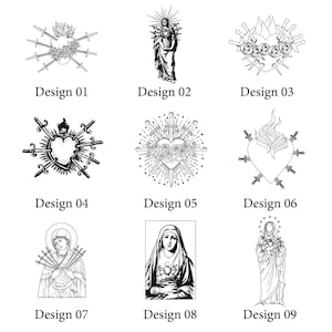 Peut inclure: Une grille de neuf illustrations en noir et blanc au trait, étiquetées de Design 01 à Design 09. Les images présentent une iconographie religieuse incluant des cœurs transpercés par des épées, des roses, des flammes et des figures féminines voilées.