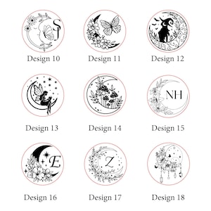 May include: Nine circular designs with black line art. Designs include a crescent moon with a butterfly, a fairy, mushrooms, and floral arrangements. Each design is labeled with a number from 10 to 18.