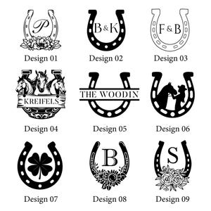 May include: Nine horseshoe designs with various decorative elements and text. Designs include initials, floral arrangements, a four-leaf clover, and horse-themed illustrations. Each design is labeled with a number.