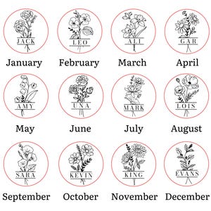 May include: Twelve circular designs featuring floral illustrations, each representing a month of the year. Each design includes a name and the month. The months are January, February, March, April, May, June, July, August, September, October, November, and December.
