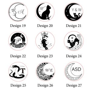 Puede incluir: Una cuadrícula de nueve diseños de sellos de cera circulares etiquetados del 19 al 27. Cada gráfico en blanco y negro presenta motivos celestiales, gatos o serpientes combinados con letras o iniciales, en un diseño circular limpio y sencillo.