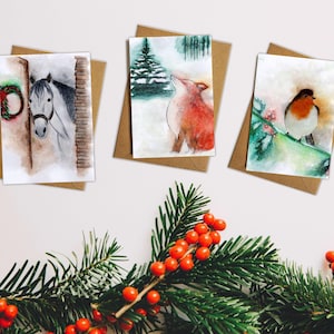Christmas Cards Pack of 3 or 6, Watercolour Animal Illustrations