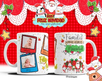 May include: White ceramic Christmas mug featuring photos, text, and festive illustrations. The mug displays baby photos in colorful frames, along with the words "amor" and "paz". The other side has the words "Familia" and "Navidad".