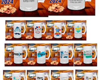 May include: A set of 10 white ceramic mugs with various designs and text related to Father's Day. The mugs feature illustrations of superheroes, fathers with their children, and humorous sayings. The text on the mugs includes phrases like "Super Papa", "Eres mejor Papa", and "Papa Heroe".