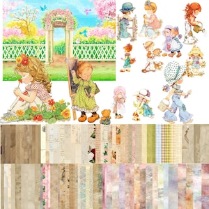 Puede incluir: Una colección de papel digital para scrapbooking con una variedad de patrones y colores, incluyendo diseños florales, vichy e inspirados en la época vintage. El papel es perfecto para crear páginas de scrapbooking digitales, tarjetas y otras manualidades.