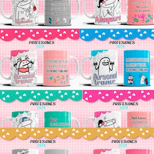 Puede incluir: Conjunto de 10 tazas coloridas con ilustraciones humorísticas de diferentes profesiones. Cada taza tiene un fondo blanco con contornos negros y texto. Las profesiones incluyen: Vigilante, Peluquero, Entrenador personal, Dios, El mejor, Teleoperador, Multitarea, y más.