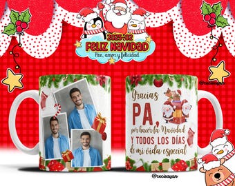 May include: White ceramic mug with a Christmas theme. The mug features photos of a man, gift boxes, and festive decorations. Text on the mug reads "Gracias PA, por hacer la Navidad y todos los días de mi vida especial". The top of the mug has a Christmas design with Santa Claus, a penguin, and a snowman.