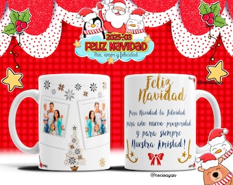 May include: White ceramic Christmas mug with a family photo, snowflakes, and a Christmas tree design. The mug features the text "Feliz Navidad" in gold script, along with a holiday message in Spanish. The mug has a handle and is decorated with festive elements.