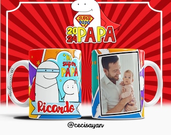 May include: White ceramic mug with a colorful comic book design featuring a superhero character with the text "Mi super PAPA" and the name "Ricardo". The other side of the mug has a photo of a man holding a baby.