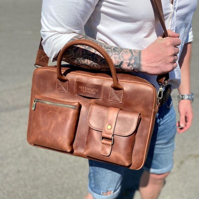 Full grain leather briefcase, mens brown leather laptop bag, mens leather satchel, crazy horse leather briefcase, mens leather, handmade bag image 4