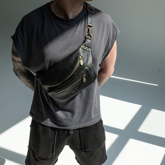 Black leather bum bag for men, crazy horse leather crossbody chest purse, festival pouch